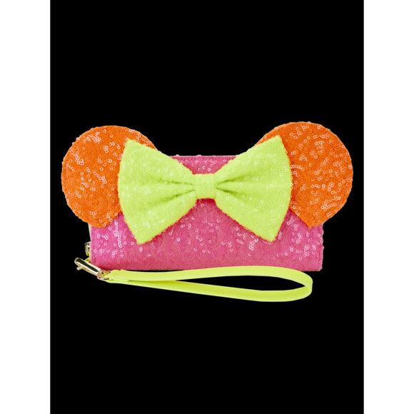NWT Disney Minnie Mouse Color Block Neon Sequin Zip Around Wristlet Wallet - Picture 1 of 4